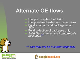 Alternate OE flows Use precompiled toolchain Use pre-downloaded source archives Build toolchain and package as an SDK Build collection of packages only Build file-system image from pre-built packages *** *** This may not be a current capability 