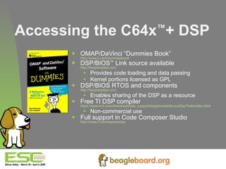 Accessing the C64x ™ + DSP OMAP/DaVinci “Dummies Book” http://www.ti.com/dummiesbook   DSP/BIOS ™  Link source available http://tiexpressdsp.com   Provides code loading and data passing Kernel portions licensed as GPL DSP/BIOS RTOS and components http://tiexpressdsp.com Enables sharing of the DSP as a resource Free TI DSP compiler https://www-a.ti.com/downloads/sds_support/targetcontent/LinuxDspTools/index.html   Non-commercial use Full support in Code Composer Studio http://www.ti.com/expressdsp   