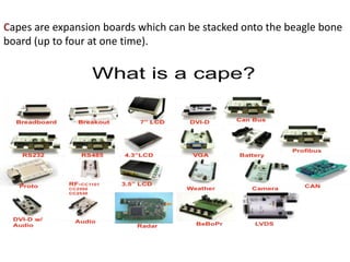 Capes are expansion boards which can be stacked onto the beagle bone
board (up to four at one time).
 