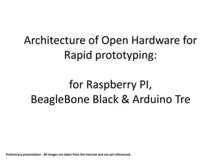 Architecture of Open Hardware for
Rapid prototyping:
for Raspberry PI,
BeagleBone Black & Arduino Tre
Preliminary presentation - All images are taken from the Internet and not yet referenced.
 