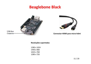 Beaglebone Black 
Connector HDMI para micro-hdmi 
11 / 20 
Resoluções suportadas: 
1280 x 1024 
1440 x 900 
1024 x 768 
1280 x 720 
 