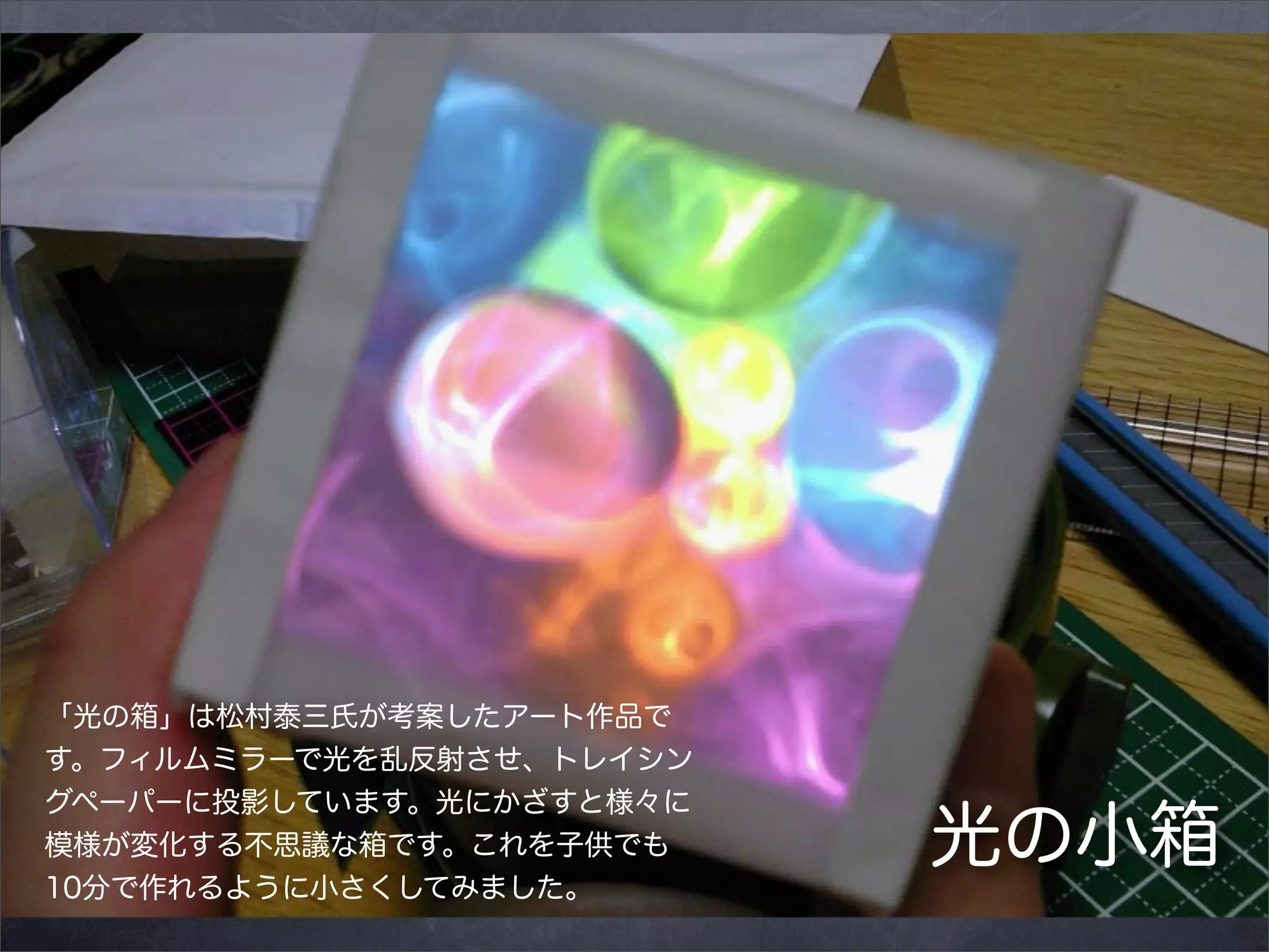 「光の箱」は松村泰三氏が考案したアート作品で
す。フィルムミラーで光を乱反射させ、トレイシン
グペーパーに投影しています。光にかざすと様々に
模様が変化する不思議な箱です。これを子供でも
10分で作れるように小さくしてみました。

光の小箱

 
