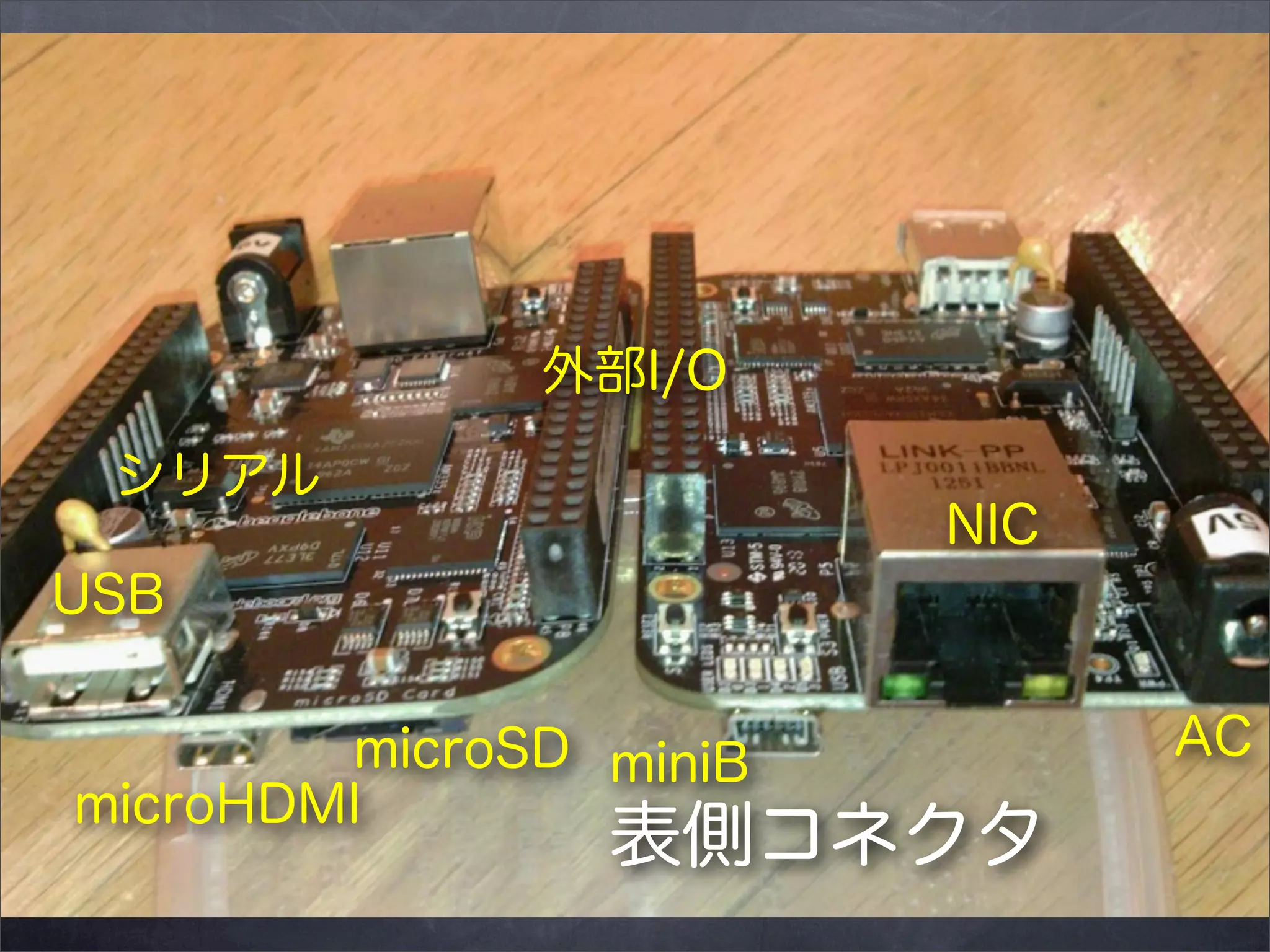 外部I/O
シリアル

NIC

USB
microSD miniB
microHDMI

表側コネクタ

AC

 