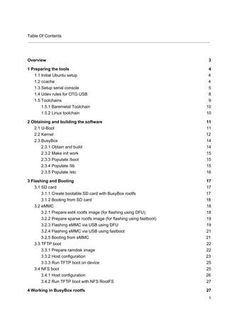 Table Of Contents
Overview 3
1 Preparing the tools 4
1.1 Initial Ubuntu setup 4
1.2 ccache 4
1.3 Setup serial console 5
1.4 Udev rules for OTG USB 8
1.5 Toolchains 9
1.5.1 Baremetal Toolchain 10
1.5.2 Linux toolchain 10
2 Obtaining and building the software 11
2.1 U-Boot 11
2.2 Kernel 12
2.3 BusyBox 14
2.3.1 Obtain and build 14
2.3.2 Make init work 15
2.3.3 Populate /boot 15
2.3.4 Populate /lib 15
2.3.5 Populate /etc 16
3 Flashing and Booting 17
3.1 SD card 17
3.1.1 Create bootable SD card with BusyBox rootfs 17
3.1.2 Booting from SD card 18
3.2 eMMC 18
3.2.1 Prepare ext4 rootfs image (for flashing using DFU) 18
3.2.2 Prepare sparse rootfs image (for flashing using fastboot) 19
3.2.3 Flashing eMMC via USB using DFU 19
3.2.4 Flashing eMMC via USB using fastboot 21
3.2.5 Booting from eMMC 21
3.3 TFTP boot 22
3.3.1 Prepare ramdisk image 22
3.3.2 Host configuration 23
3.3.3 Run TFTP boot on device 25
3.4 NFS boot 25
3.4.1 Host configuration 26
3.4.2 Run TFTP boot with NFS RootFS 27
4 Working in BusyBox rootfs 27
1
 
