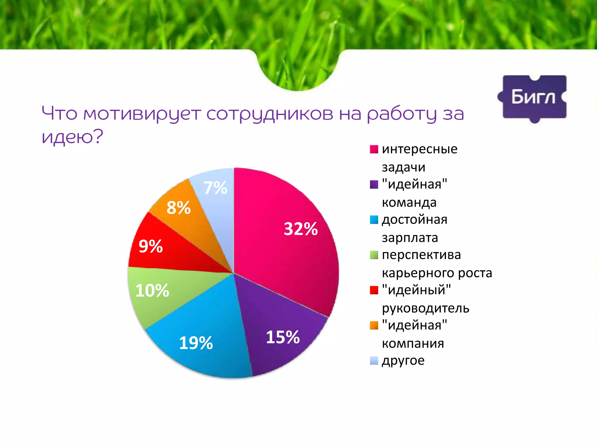 интересные
                      задачи
          7%          "идейная"
     8%               команда
                      достойная
                32%   зарплата
9%                    перспектива
                      карьерного роста
10%                   "идейный"
                      руководитель
                      "идейная"
      19%      15%    компания
                      другое
 