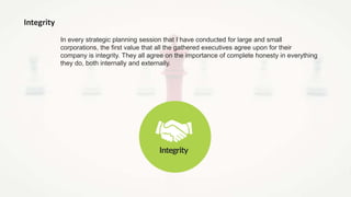 Integrity
In every strategic planning session that I have conducted for large and small
corporations, the first value that all the gathered executives agree upon for their
company is integrity. They all agree on the importance of complete honesty in everything
they do, both internally and externally.