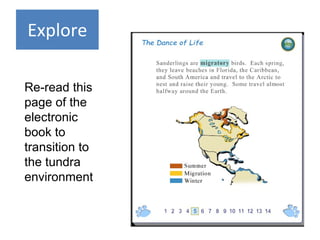 Explore Re-read this page of the electronic book to transition to the tundra environment 
