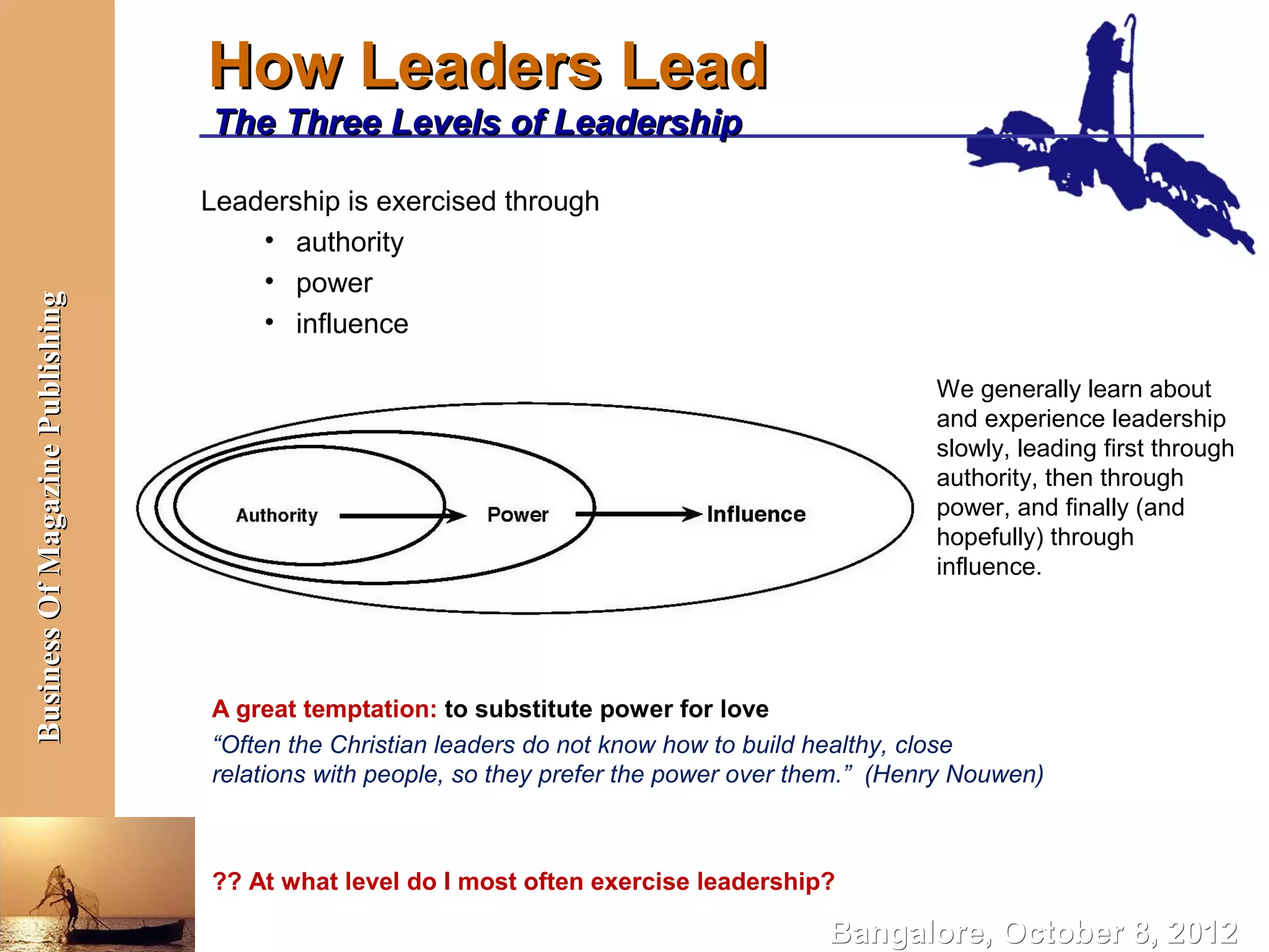 How Leaders Lead
                                  The Three Levels of Leadership

                                  Leadership is exercised through
                                      • authority
                                      • power
Business Of Magazine Publishing




                                      • influence

                                                                                                  We generally learn about
                                                                                                  and experience leadership
                                                                                                  slowly, leading first through
                                                                                                  authority, then through
                                                                                                  power, and finally (and
                                                                                                  hopefully) through
                                                                                                  influence.




                                  A great temptation: to substitute power for love
                                  “Often the Christian leaders do not know how to build healthy, close
                                  relations with people, so they prefer the power over them.” (Henry Nouwen)



                                  ?? At what level do I most often exercise leadership?

                                                                                        Bangalore, October 8, 2012
 