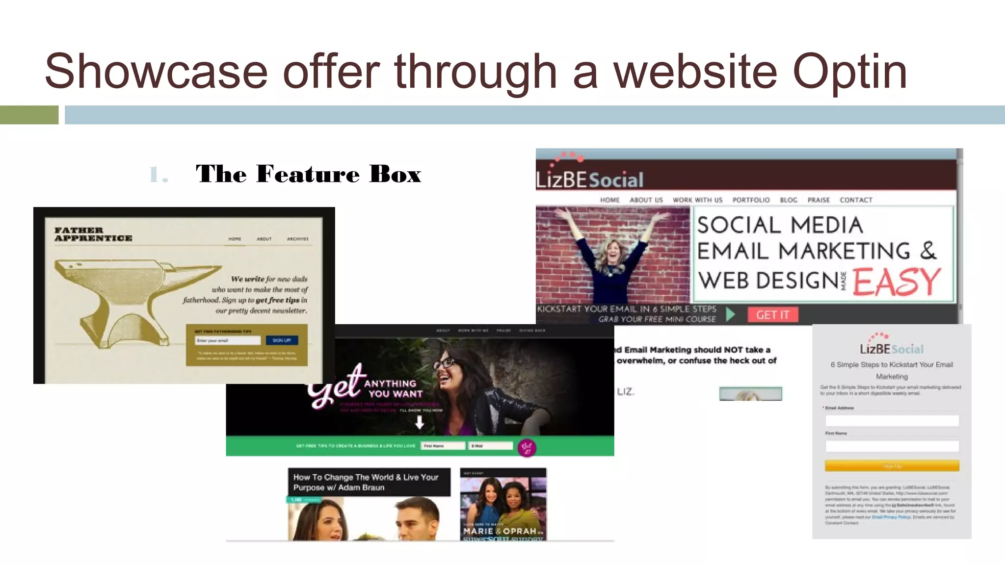 Showcase offer through a website Optin 
1. The Feature Box 
 