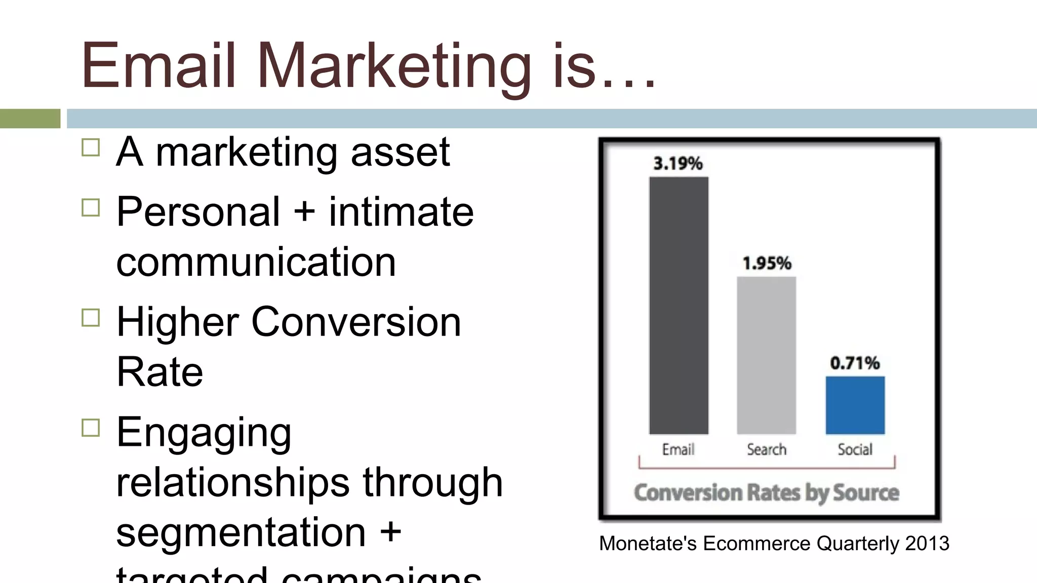 Email Marketing is… 
 A marketing asset 
 Personal + intimate 
communication 
 Higher Conversion 
Rate 
 Engaging 
relationships through 
segmentation + 
targeted campaigns 
Monetate's Ecommerce Quarterly 2013 
 