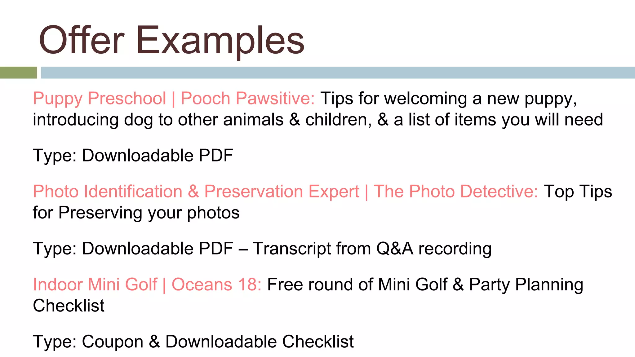 Offer Examples 
Puppy Preschool | Pooch Pawsitive: Tips for welcoming a new puppy, 
introducing dog to other animals & children, & a list of items you will need 
Type: Downloadable PDF 
Photo Identification & Preservation Expert | The Photo Detective: Top Tips 
for Preserving your photos 
Type: Downloadable PDF – Transcript from Q&A recording 
Indoor Mini Golf | Oceans 18: Free round of Mini Golf & Party Planning 
Checklist 
Type: Coupon & Downloadable Checklist 
 