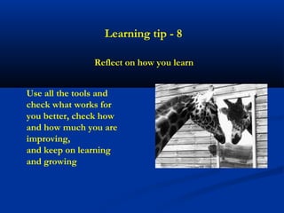 Learning tip - 8

               Reflect on how you learn


Use all the tools and
check what works for
you better, check how
and how much you are
improving,
and keep on learning
and growing
 