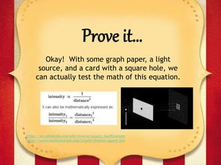 Prove it…
Okay! With some graph paper, a light
source, and a card with a square hole, we
can actually test the math of this equation.
https://en.wikipedia.org/wiki/Inverse-square_law#Example
https://www.exploratorium.edu/snacks/inverse-square-law
 