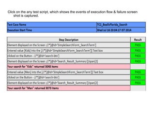 Click on the any test script, which shows the events of execution flow & failure screen
shot is captured.
 
