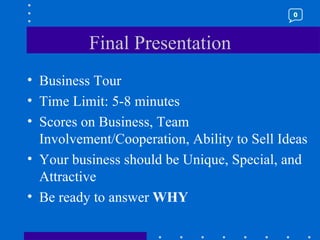 Final Presentation Business Tour Time Limit: 5-8 minutes Scores on Business, Team Involvement/Cooperation, Ability to Sell Ideas Your business should be Unique, Special, and Attractive Be ready to answer  WHY 0 