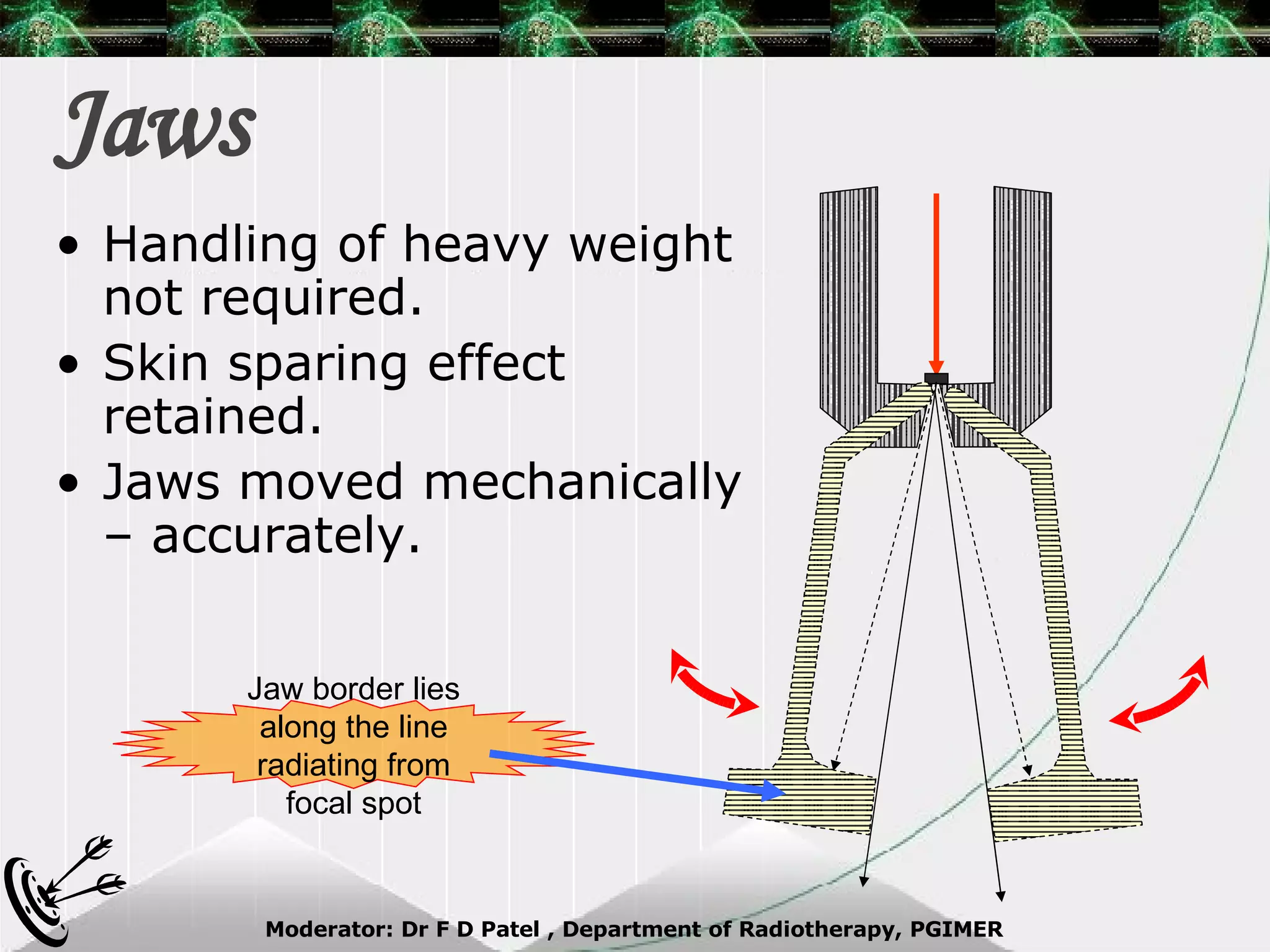 Jaws Handling of heavy weight not required. Skin sparing effect retained. Jaws moved mechanically – accurately. Jaw border lies along the line radiating from focal spot 