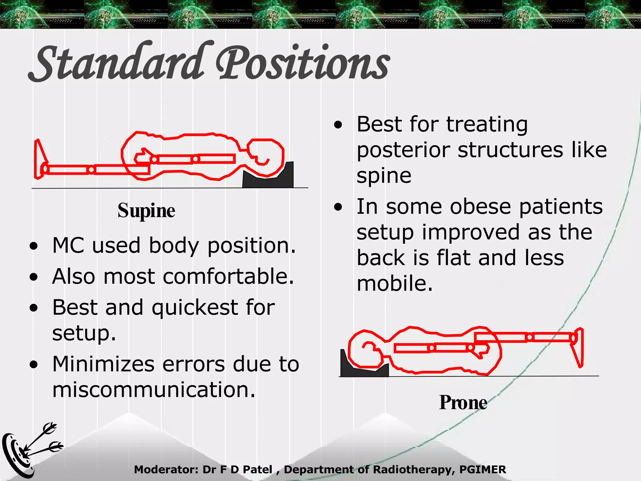 Standard Positions MC used body position. Also most comfortable. Best and quickest for setup. Minimizes errors due to miscommunication. Best for treating posterior structures like spine  In some obese patients setup improved as the back is flat and less mobile. Supine Prone 