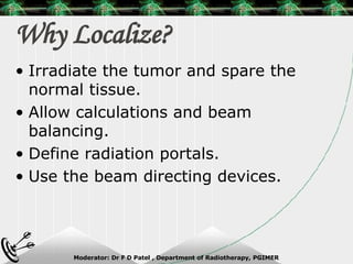 Why Localize? Irradiate the tumor and spare the normal tissue. Allow calculations and beam balancing. Define radiation portals. Use the beam directing devices. 