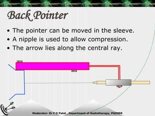Back Pointer The pointer can be moved in the sleeve. A nipple is used to allow compression. The arrow lies along the central ray. 