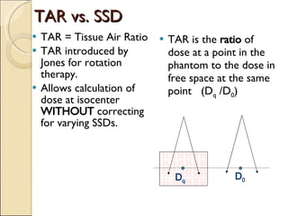 TAR vs. SSD TAR = Tissue Air Ratio TAR introduced by Jones for rotation therapy. Allows calculation of dose at isocenter  WITHOUT  correcting for varying SSDs. TAR is the  ratio  of dose at a point in the phantom to the dose in free space at the same point  (D q  /D 0 ) D q D 0 