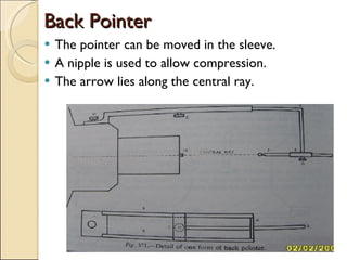 Back Pointer The pointer can be moved in the sleeve. A nipple is used to allow compression. The arrow lies along the central ray. 