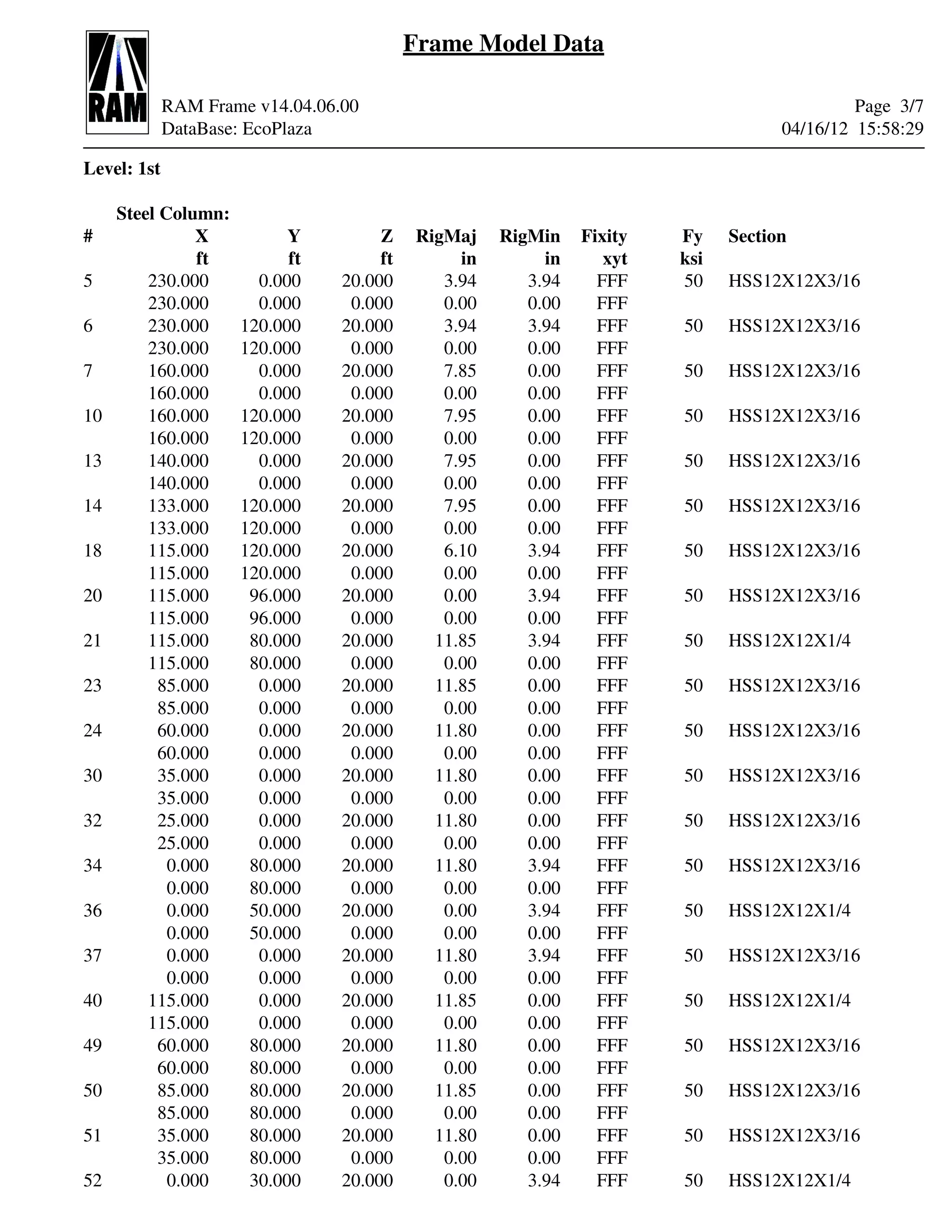 Frame Model Data

             RAM Frame v14.04.06.00                                                           Page 3/7
             DataBase: EcoPlaza                                                      04/16/12 15:58:29

Level: 1st

     Steel Column:
#               X          Y          Z     RigMaj    RigMin    Fixity   Fy    Section
                ft         ft         ft         in        in      xyt   ksi
5        230.000       0.000     20.000        3.94      3.94     FFF    50    HSS12X12X3/16
         230.000       0.000      0.000        0.00      0.00     FFF
6        230.000     120.000     20.000        3.94      3.94     FFF    50    HSS12X12X3/16
         230.000     120.000      0.000        0.00      0.00     FFF
7        160.000       0.000     20.000        7.85      0.00     FFF    50    HSS12X12X3/16
         160.000       0.000      0.000        0.00      0.00     FFF
10       160.000     120.000     20.000        7.95      0.00     FFF    50    HSS12X12X3/16
         160.000     120.000      0.000        0.00      0.00     FFF
13       140.000       0.000     20.000        7.95      0.00     FFF    50    HSS12X12X3/16
         140.000       0.000      0.000        0.00      0.00     FFF
14       133.000     120.000     20.000        7.95      0.00     FFF    50    HSS12X12X3/16
         133.000     120.000      0.000        0.00      0.00     FFF
18       115.000     120.000     20.000        6.10      3.94     FFF    50    HSS12X12X3/16
         115.000     120.000      0.000        0.00      0.00     FFF
20       115.000      96.000     20.000        0.00      3.94     FFF    50    HSS12X12X3/16
         115.000      96.000      0.000        0.00      0.00     FFF
21       115.000      80.000     20.000       11.85      3.94     FFF    50    HSS12X12X1/4
         115.000      80.000      0.000        0.00      0.00     FFF
23         85.000      0.000     20.000       11.85      0.00     FFF    50    HSS12X12X3/16
           85.000      0.000      0.000        0.00      0.00     FFF
24         60.000      0.000     20.000       11.80      0.00     FFF    50    HSS12X12X3/16
           60.000      0.000      0.000        0.00      0.00     FFF
30         35.000      0.000     20.000       11.80      0.00     FFF    50    HSS12X12X3/16
           35.000      0.000      0.000        0.00      0.00     FFF
32         25.000      0.000     20.000       11.80      0.00     FFF    50    HSS12X12X3/16
           25.000      0.000      0.000        0.00      0.00     FFF
34          0.000     80.000     20.000       11.80      3.94     FFF    50    HSS12X12X3/16
            0.000     80.000      0.000        0.00      0.00     FFF
36          0.000     50.000     20.000        0.00      3.94     FFF    50    HSS12X12X1/4
            0.000     50.000      0.000        0.00      0.00     FFF
37          0.000      0.000     20.000       11.80      3.94     FFF    50    HSS12X12X3/16
            0.000      0.000      0.000        0.00      0.00     FFF
40       115.000       0.000     20.000       11.85      0.00     FFF    50    HSS12X12X1/4
         115.000       0.000      0.000        0.00      0.00     FFF
49         60.000     80.000     20.000       11.80      0.00     FFF    50    HSS12X12X3/16
           60.000     80.000      0.000        0.00      0.00     FFF
50         85.000     80.000     20.000       11.85      0.00     FFF    50    HSS12X12X3/16
           85.000     80.000      0.000        0.00      0.00     FFF
51         35.000     80.000     20.000       11.80      0.00     FFF    50    HSS12X12X3/16
           35.000     80.000      0.000        0.00      0.00     FFF
52          0.000     30.000     20.000        0.00      3.94     FFF    50    HSS12X12X1/4
 