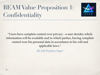 BEAMValue Proposition 1:
Confidentiality
“Users have complete control over privacy - a user decides which
information will...