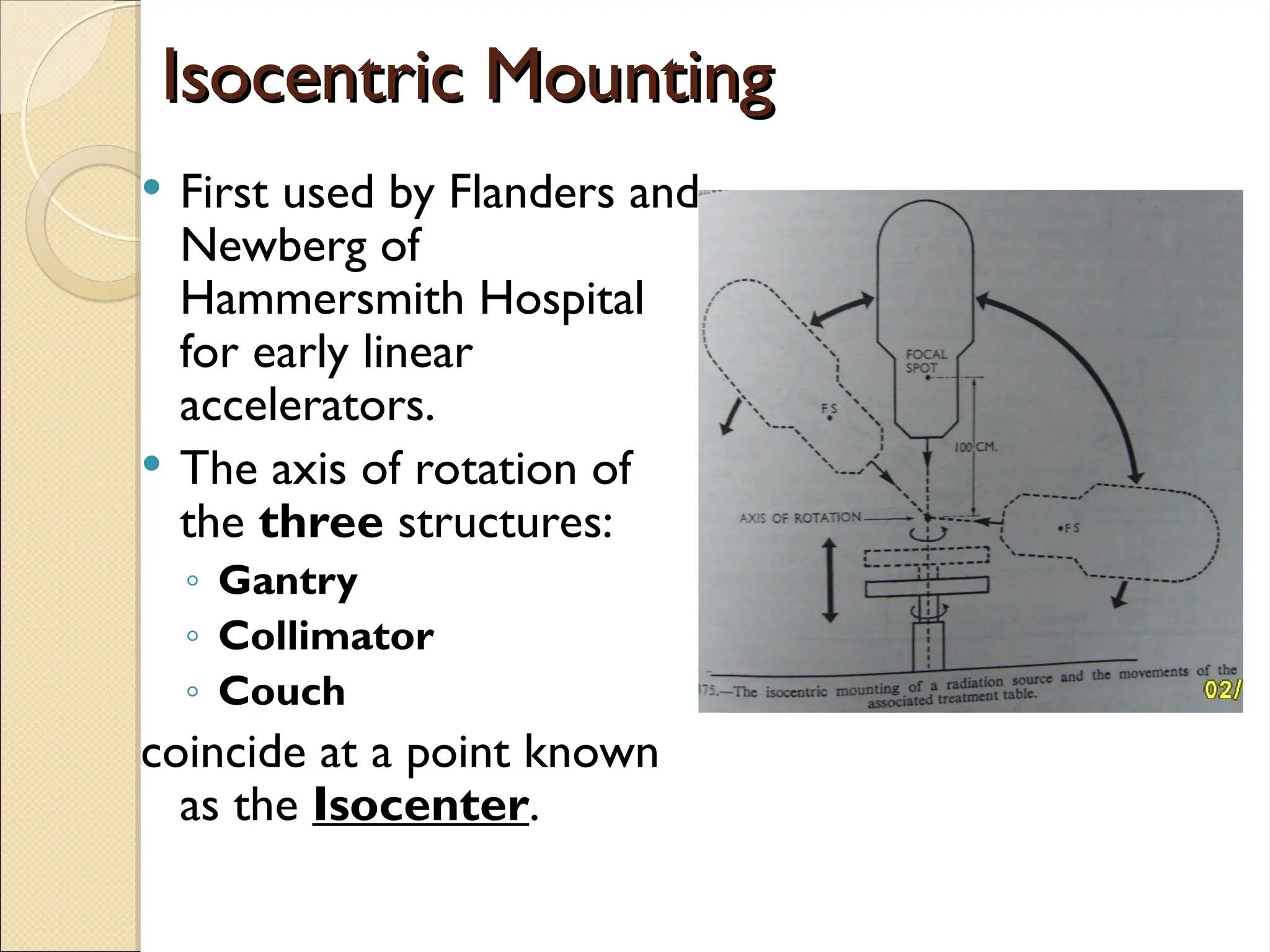 Isocentric Mounting
Isocentric Mounting
 First used by Flanders and
Newberg of
Hammersmith Hospital
for early linear
accelerators.
 The axis of rotation of
the three structures:
◦ Gantry
◦ Collimator
◦ Couch
coincide at a point known
as the Isocenter.
 