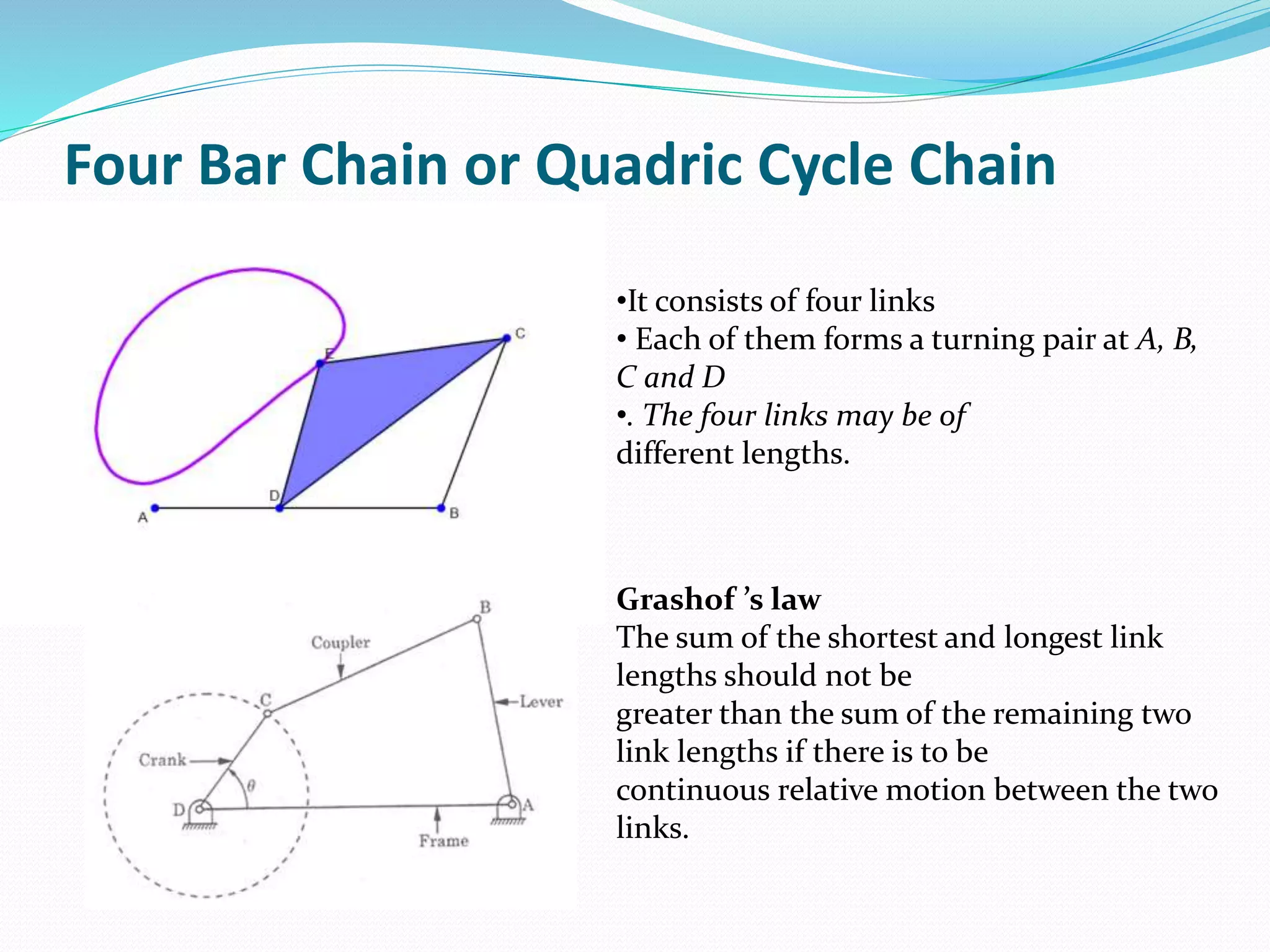 Four Bar Chain or Quadric Cycle Chain
•It consists of four links
• Each of them forms a turning pair at A, B,
C and D
•. The four links may be of
different lengths.
Grashof ’s law
The sum of the shortest and longest link
lengths should not be
greater than the sum of the remaining two
link lengths if there is to be
continuous relative motion between the two
links.
 