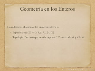 Geometría en los Enteros
Consideremos al anillo de los números enteros Z.
• Espacio: Spec(Z) = {2, 3, 5, 7 . . .} ∪ {0}.
•...