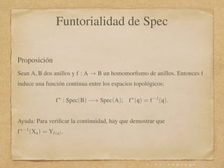 Funtorialidad de Spec
Proposición
Sean A, B dos anillos y f : A → B un homomorﬁsmo de anillos. Entonces f
induce una funci...