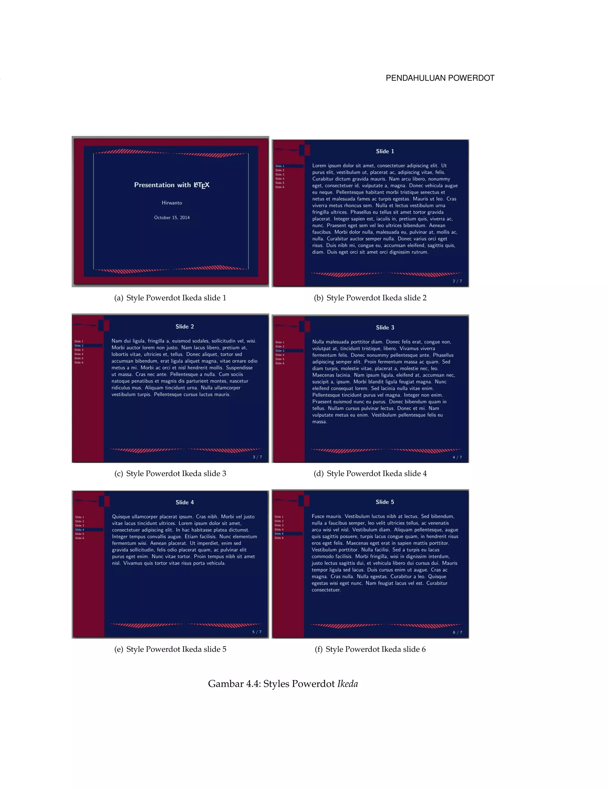 114 PENDAHULUAN POWERDOT 
(a) Style Powerdot Ikeda slide 1 (b) Style Powerdot Ikeda slide 2 
(c) Style Powerdot Ikeda slide 3 (d) Style Powerdot Ikeda slide 4 
(e) Style Powerdot Ikeda slide 5 (f) Style Powerdot Ikeda slide 6 
Gambar 4.4: Styles Powerdot Ikeda 
 