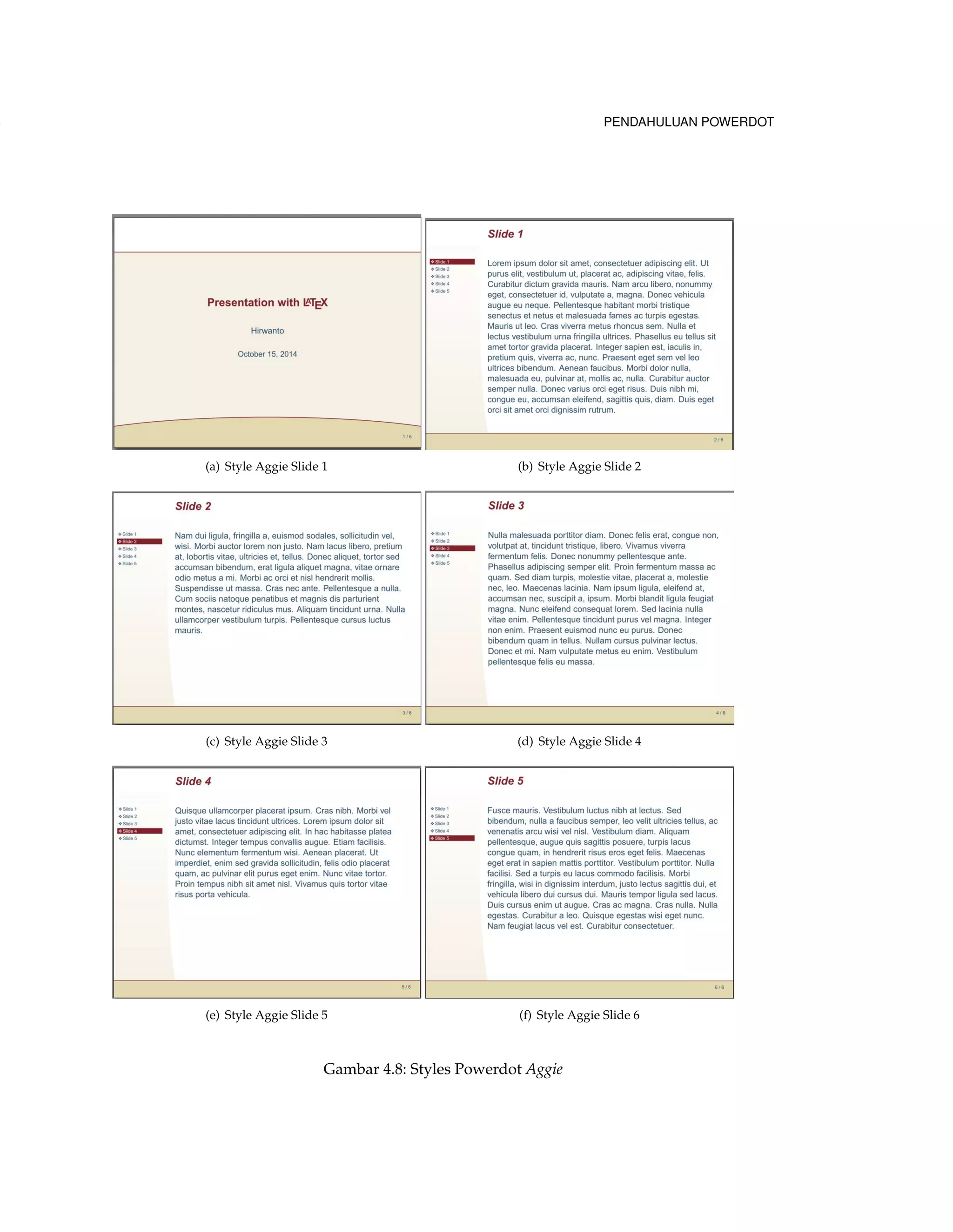 118 PENDAHULUAN POWERDOT 
(a) Style Aggie Slide 1 (b) Style Aggie Slide 2 
(c) Style Aggie Slide 3 (d) Style Aggie Slide 4 
(e) Style Aggie Slide 5 (f) Style Aggie Slide 6 
Gambar 4.8: Styles Powerdot Aggie 
 