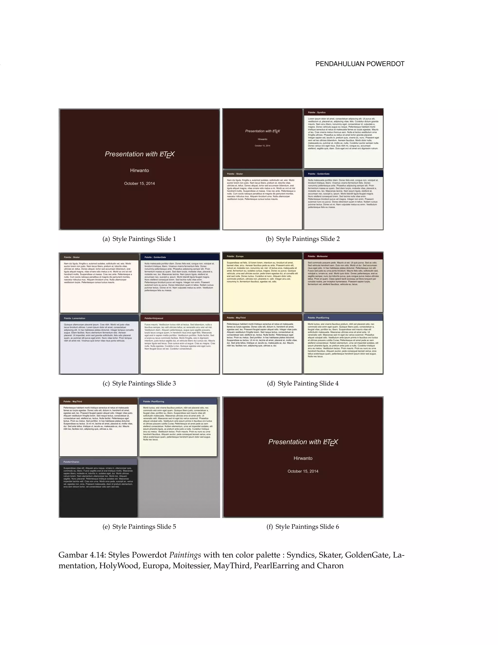 124 PENDAHULUAN POWERDOT 
(a) Style Paintings Slide 1 (b) Style Paintings Slide 2 
(c) Style Paintings Slide 3 (d) Style Painting Slide 4 
(e) Style Paintings Slide 5 (f) Style Paintings Slide 6 
Gambar 4.14: Styles Powerdot Paintings with ten color palette : Syndics, Skater, GoldenGate, La-mentation, 
HolyWood, Europa, Moitessier, MayThird, PearlEarring and Charon 
 