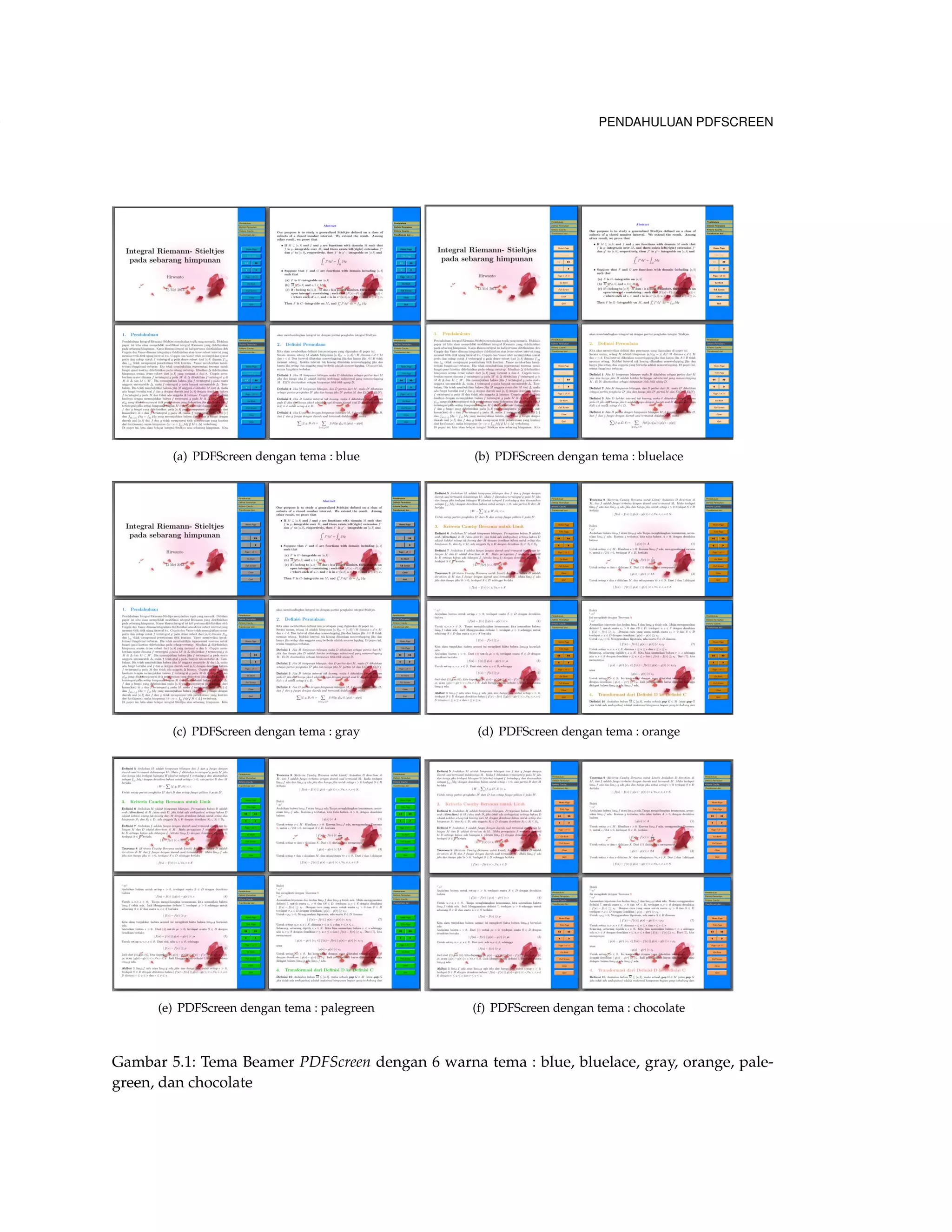 140 PENDAHULUAN PDFSCREEN 
(a) PDFScreen dengan tema : blue (b) PDFScreen dengan tema : bluelace 
(c) PDFScreen dengan tema : gray (d) PDFScreen dengan tema : orange 
(e) PDFScreen dengan tema : palegreen (f) PDFScreen dengan tema : chocolate 
Gambar 5.1: Tema Beamer PDFScreen dengan 6 warna tema : blue, bluelace, gray, orange, pale-green, 
dan chocolate 
 