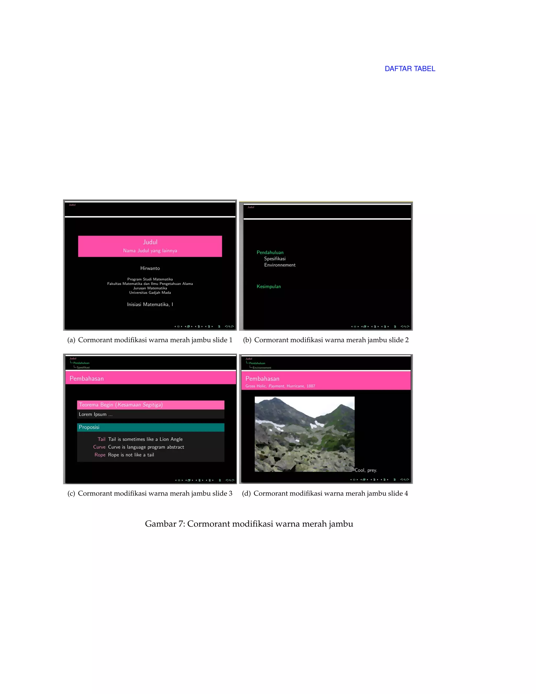 DAFTAR TABEL 
(a) Cormorant modifikasi warna merah jambu slide 1 (b) Cormorant modifikasi warna merah jambu slide 2 
(c) Cormorant modifikasi warna merah jambu slide 3 (d) Cormorant modifikasi warna merah jambu slide 4 
Gambar 7: Cormorant modifikasi warna merah jambu 
 