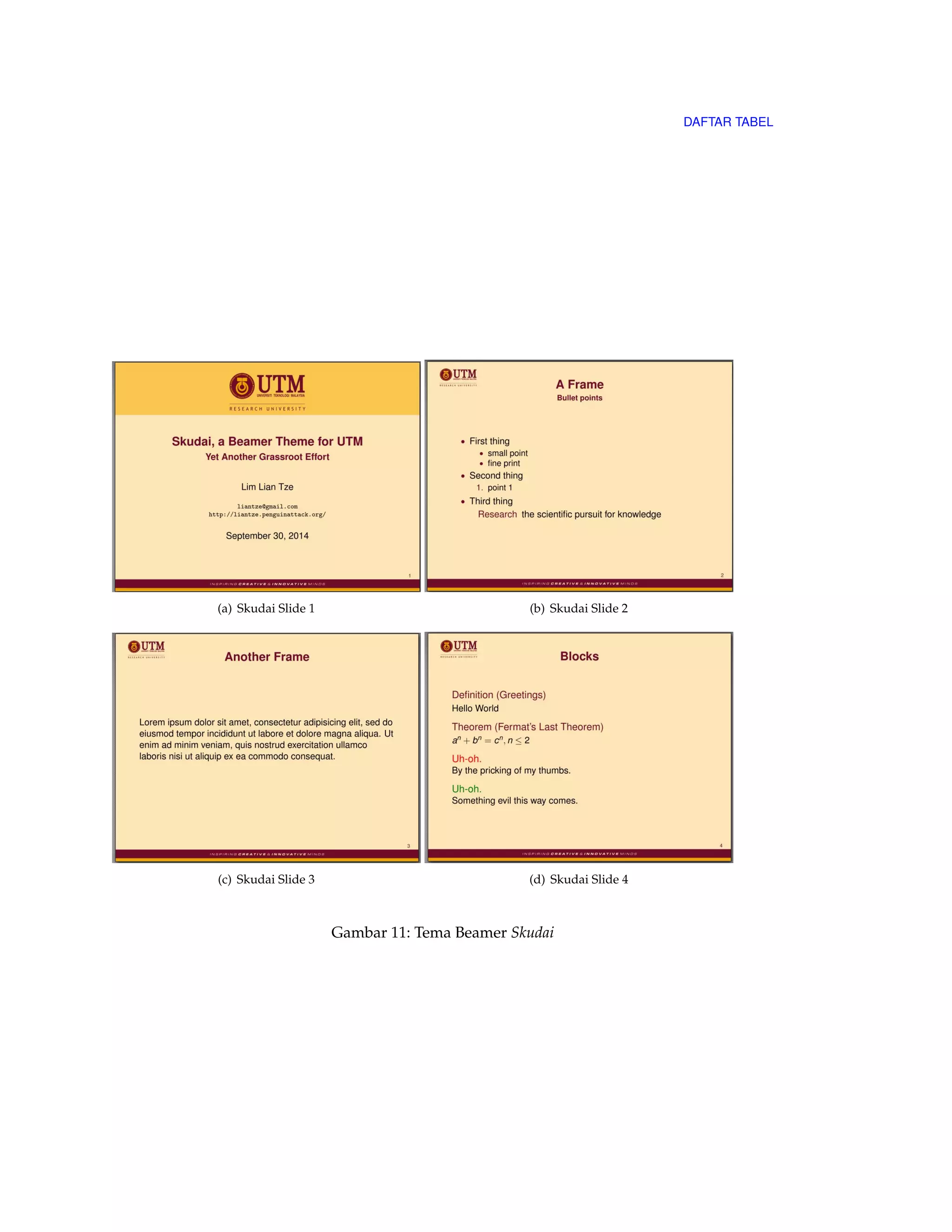 DAFTAR TABEL 
(a) Skudai Slide 1 (b) Skudai Slide 2 
(c) Skudai Slide 3 (d) Skudai Slide 4 
Gambar 11: Tema Beamer Skudai 
 