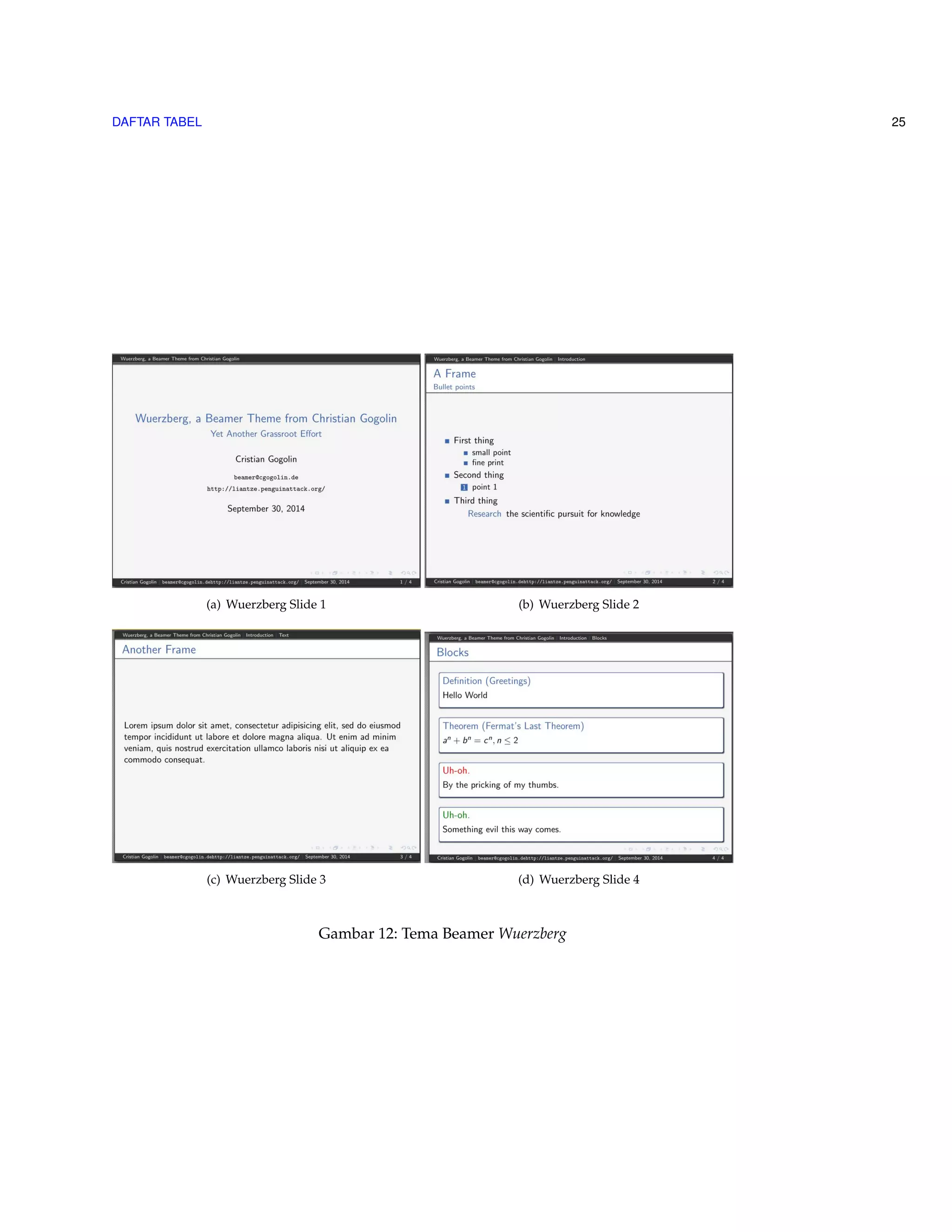 DAFTAR TABEL 25 
(a) Wuerzberg Slide 1 (b) Wuerzberg Slide 2 
(c) Wuerzberg Slide 3 (d) Wuerzberg Slide 4 
Gambar 12: Tema Beamer Wuerzberg 
 