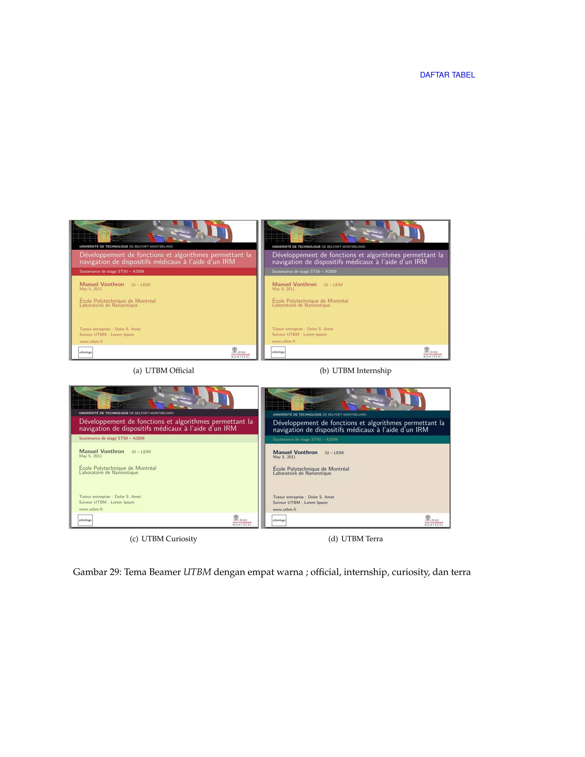 DAFTAR TABEL 
(a) UTBM Official (b) UTBM Internship 
(c) UTBM Curiosity (d) UTBM Terra 
Gambar 29: Tema Beamer UTBM dengan empat warna ; official, internship, curiosity, dan terra 
 