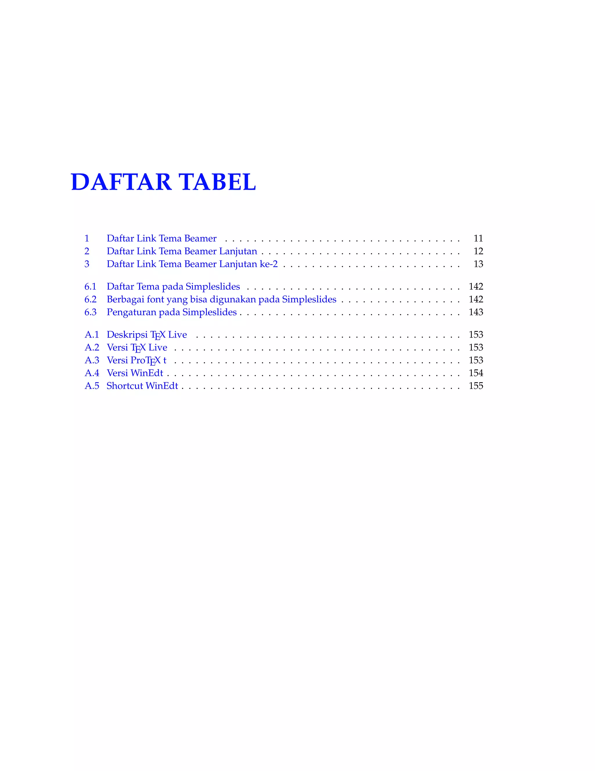 DAFTAR TABEL 
1 Daftar Link Tema Beamer . . . . . . . . . . . . . . . . . . . . . . . . . . . . . . . . . 11 
2 Daftar Link Tema Beamer Lanjutan . . . . . . . . . . . . . . . . . . . . . . . . . . . . 12 
3 Daftar Link Tema Beamer Lanjutan ke-2 . . . . . . . . . . . . . . . . . . . . . . . . . 13 
6.1 Daftar Tema pada Simpleslides . . . . . . . . . . . . . . . . . . . . . . . . . . . . . . 142 
6.2 Berbagai font yang bisa digunakan pada Simpleslides . . . . . . . . . . . . . . . . . 142 
6.3 Pengaturan pada Simpleslides . . . . . . . . . . . . . . . . . . . . . . . . . . . . . . . 143 
A.1 Deskripsi TEX Live . . . . . . . . . . . . . . . . . . . . . . . . . . . . . . . . . . . . . 153 
A.2 Versi TEX Live . . . . . . . . . . . . . . . . . . . . . . . . . . . . . . . . . . . . . . . . 153 
A.3 Versi ProTEX t . . . . . . . . . . . . . . . . . . . . . . . . . . . . . . . . . . . . . . . . 153 
A.4 Versi WinEdt . . . . . . . . . . . . . . . . . . . . . . . . . . . . . . . . . . . . . . . . . 154 
A.5 ShortcutWinEdt . . . . . . . . . . . . . . . . . . . . . . . . . . . . . . . . . . . . . . . 155 
 