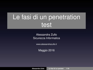 Le fasi di un penetration
test
Alessandra Zullo
Sicurezza Informatica
www.alessandrazullo.it
Maggio 2016
Alessandra Zullo Le fasi di un pentest 1/18
 