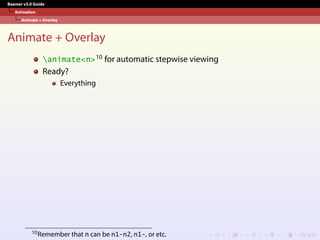 Beamer v3.0 Guide
Animation
Animate + Overlay
Animate + Overlay
animate<n>10 for automatic stepwise viewing
Ready?
Everything
10Remember that n can be n1-n2, n1-, or etc.
 