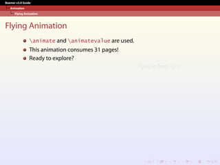 Beamer v3.0 Guide
Animation
Flying Animation
Flying Animation
animate and animatevalue are used.
This animation consumes 31 pages!
Ready to explore?
Flying in from right!
 