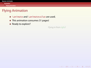Beamer v3.0 Guide
Animation
Flying Animation
Flying Animation
animate and animatevalue are used.
This animation consumes 31 pages!
Ready to explore?
Flying in from right!
 