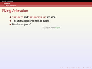 Beamer v3.0 Guide
Animation
Flying Animation
Flying Animation
animate and animatevalue are used.
This animation consumes 31 pages!
Ready to explore?
Flying in from right!
 