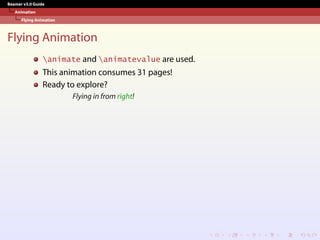 Beamer v3.0 Guide
Animation
Flying Animation
Flying Animation
animate and animatevalue are used.
This animation consumes 31 pages!
Ready to explore?
Flying in from right!
 