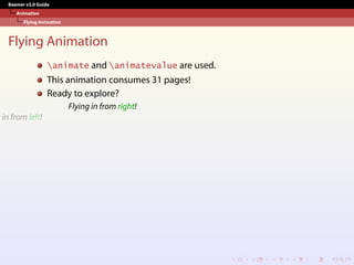 Beamer v3.0 Guide
Animation
Flying Animation
Flying Animation
animate and animatevalue are used.
This animation consumes 31 pages!
Ready to explore?
Flying in from right!
g in from left!
 