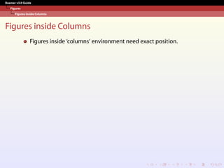 Beamer v3.0 Guide
Figures
Figures inside Columns
Figures inside Columns
Figures inside ‘columns’ environment need exact position.
 