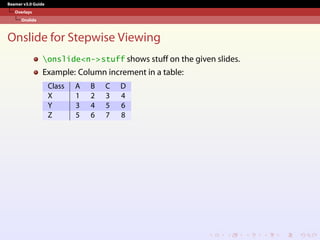 Beamer v3.0 Guide
Overlays
Onslide
Onslide for Stepwise Viewing
onslide<n->stuff shows stuff on the given slides.
Example: Column increment in a table:
Class A B C D
X 1 2 3 4
Y 3 4 5 6
Z 5 6 7 8
 