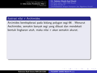 1.Asal-Usul Bilangan Pi (π)
2. Usha-Usaha Pendekatan Nilai π
3. Referensi
2.1. Sebelum Masehi-Awal Masehi
2.2.Awal tahun 1400-1700 Masehi
2.3 Abad 16 dan 17
2.4.Pembuktian dengan Komputer dan Algoritma Kreatif
ilustrasi nilai π Archimides
Arcimides bereksplorasi pada bidang polygon segi-96 . Menurut
Aechimides, semakin banyak segi yang dibuat dan mendekati
bentuk lingkaran utuh, maka nilai π akan semakin akurat.
Rukmono Budi Utomo NIM.30115301 FILSAFAT SAINS NILAI PI (π)
 